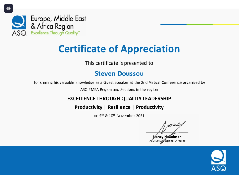 ASQ, Europe, Middle East & Africa, Excellence Through Quality Leadership, 2021